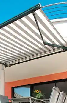 Topas awning over outdoor dining area