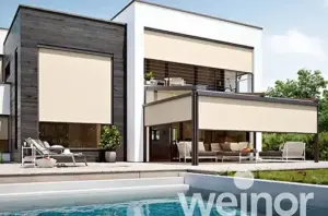 Sleek patio with Vertitex Zip blinds by Weinor, installed by Aurora Designs