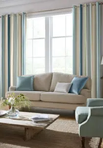 Laura Ashley Seaspray Blue Awning Stripe | Curtain Fabric | Aurora Window Furnishings