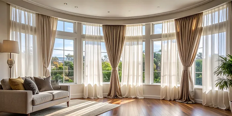 Canberra bay window curtains | Aurora Window Furnishings