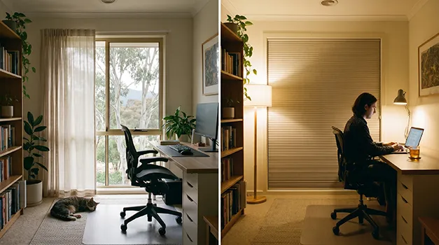 Day and night window system for Canberra home office | sheer curtain daytime and honeycomb blind evening