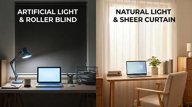 Illustration of how sheer curtains diffuse direct sunlight to reduce screen glare